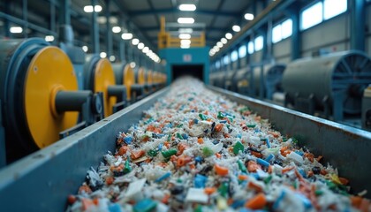 Colorful plastic waste moves on conveyor belt in large industrial factory. Machines process, sort plastic for recycling, preparing materials for reuse. Eco friendly solution helps environment. Modern