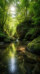 Obraz premium Clear flowing water winding through an ancient, quiet woodland. Sunlight filters through the canopy, illuminating smooth river stones and lush moss, earthy, water, forest