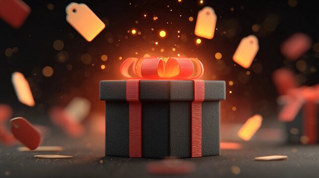 Black gift box with red ribbon and flying price tags around it - Powered by Adobe