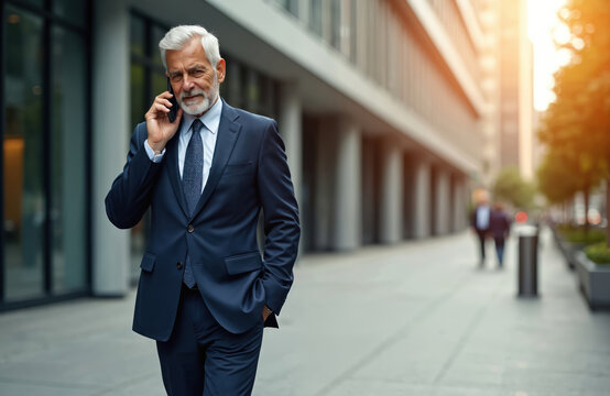Senior businessman confidently talks on mobile phone outdoors. Middle-aged man in sharp blue suit walks on modern city street, with grey hair, beard. Communicates using smartphone, connecting with - Powered by Adobe