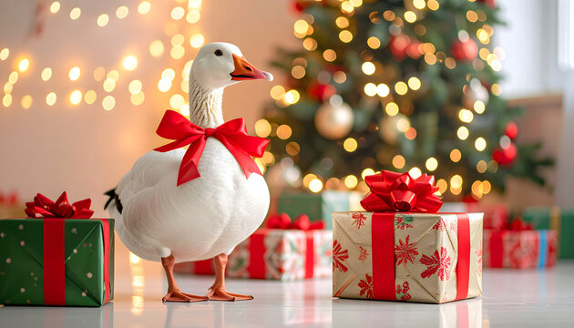 christmas white goose with red bow on christmas background