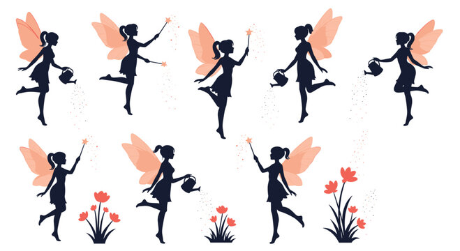 Whimsical collection of fairy silhouettes with pink wings, using magic wands and watering cans to tend to growing flowers.