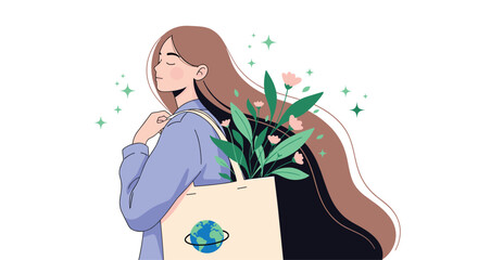 Serene woman with long flowing hair carrying a reusable tote bag with a planet design, filled with fresh green plants.