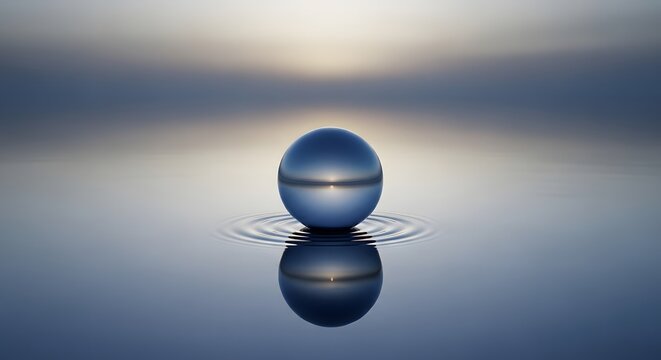 A serene blue sphere creating gentle ripples on a calm, reflective water surface, embodying tranquility and minimalist balance