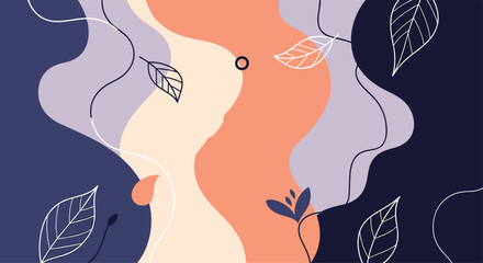 Soothing abstract background with wavy organic shapes in pastel colors and delicate white outlines of leaves and branches.