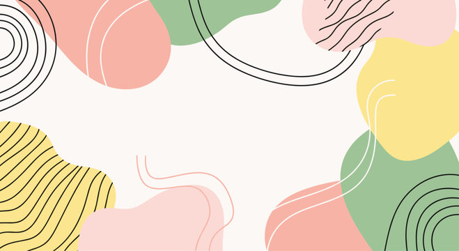 Modern abstract background featuring a variety of soft, organic shapes in pastel colors with complementary hand-drawn line patterns.