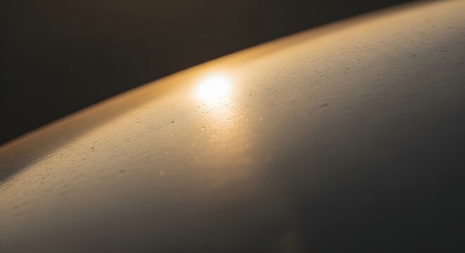 Warm sunlight reflection creating a sparkling lens flare on a dark, curved surface, an abstract concept of light and shadow