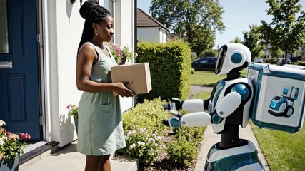 Woman receiving package from humanoid delivery robot at front door. Automated last mile parcel service for smart city customer.