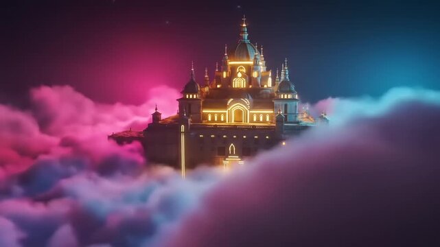 Magical floating castle amidst colorful clouds, fantasy architecture with glowing lights