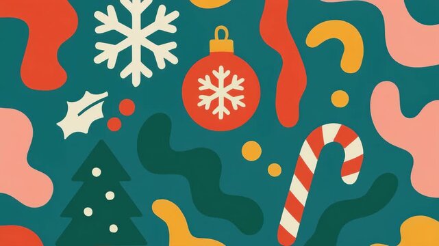 Festive flat lay with Christmas icons and abstract shapes, ideal for a holiday video. Live desktop wallpaper.