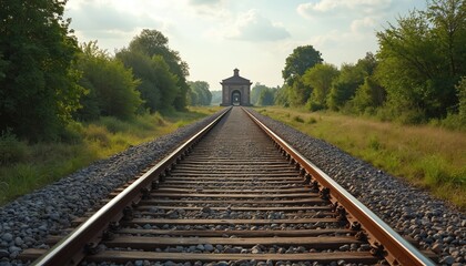 Obraz premium Train tracks extend through green fields towards distant archway structure. Railway line creates strong perspective, leading eye through trees under cloudy sky. Transportation infrastructure