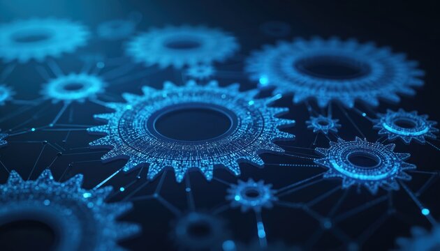 Digital gears glowing on a dark blue background. Abstract tech illustration of a connected cogwheel system. Futuristic mechanism represents teamwork innovation engineering process and automation.