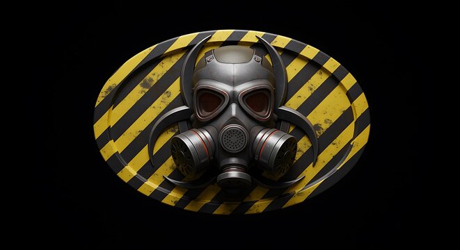 Hazardous Material Gas Mask with Biohazard Symbol Warning Sign on Dark Background representing industrial safety protocols and pandemic emergency preparedness equipment - Powered by Adobe