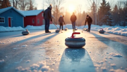 Obraz na płótnie Canvas People enjoy winter activity game curling on ice rink outside. Friends play sport with stones and brooms. Teams compete at sunrise. Players slide rocks to target house.
