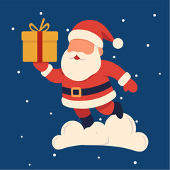 Naklejka premium Santa Claus Sitting on a Cloud Holding a Gift – Modern Flat Design Illustration