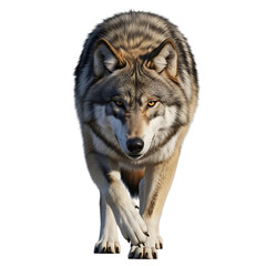 Fototapeta premium Intense grey wolf stares forward with focused gaze on black background