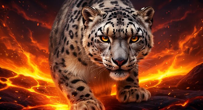 Majestic Snow Leopard Stalking Through Fiery Volcanic Landscape Close Up Portrait Dramatic Lighting