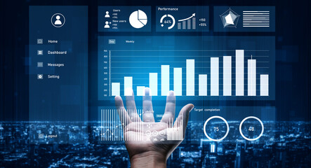 A hand interacts with a digital user interface displaying data visualization and performance metrics against a cityscape backdrop. Ideal for technology, business, and analytics themes. Impute