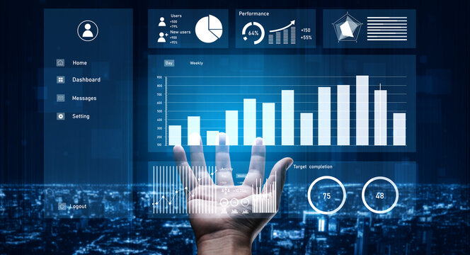 A hand interacts with a digital user interface displaying data visualization and performance metrics against a cityscape backdrop. Ideal for technology, business, and analytics themes. Impute