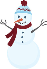 Cheerful snowman wearing cozy hat and scarf with carrot nose and twig arms. Snowy character isolated on white background