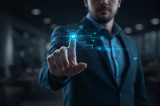 Businessman's finger touches digital checkmark interface for approval