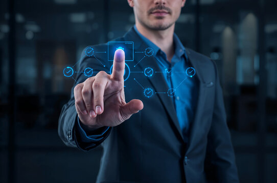 Businessman touching virtual screen with biometric data security