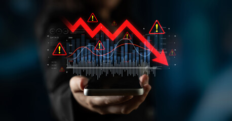 Economic caution visualized with fluctuating market graph, alert symbols, and negative data trends....