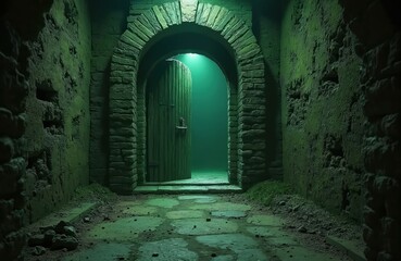 Dark old stone tunnel with arched doorway. Ancient wooden door stands ajar, revealing mysterious green light beyond. Gritty textured walls, rough stone floor create spooky, abandoned mood. Eerie