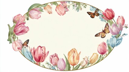 Oval floral frame with pastel tulips and butterflies