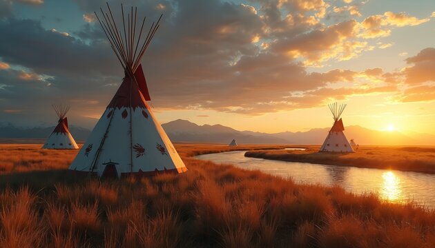 Indigenous tipis stand on vast plains near a river at sunset. Mountains form horizon under cloudy golden sky. Plains grass glows in warm light.