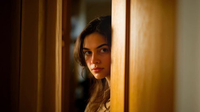 Scared young woman with a concerned expression hiding behind a wooden door, looking directly at the camera with fearful eyes in a dimly lit room, conveying a sense of paranoia and mystery