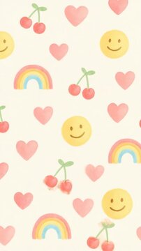 Playful pattern with hearts, cherries, rainbows, and smiley faces. Top-down angle, perfect for a cheerful video background. Live mobile wallpaper.