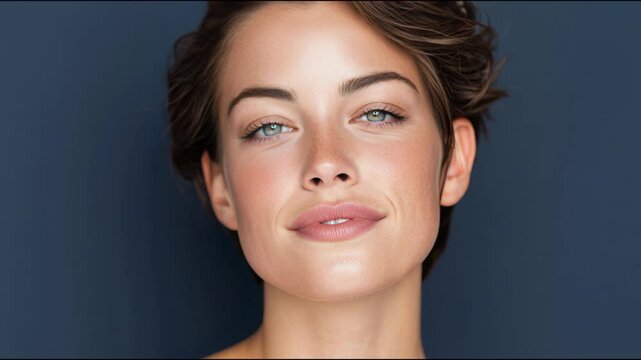 A young Caucasian woman with short brown hair and blue eyes smiles at the camera. She has a clear complexion and a friendly expression against a dark background.