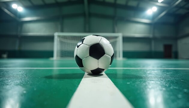 Classic black, white soccer ball sits on vibrant green futsal court. White lines mark playing area. Blurred goal net visible in background. Bright stadium lights illuminate empty indoor sport hall.