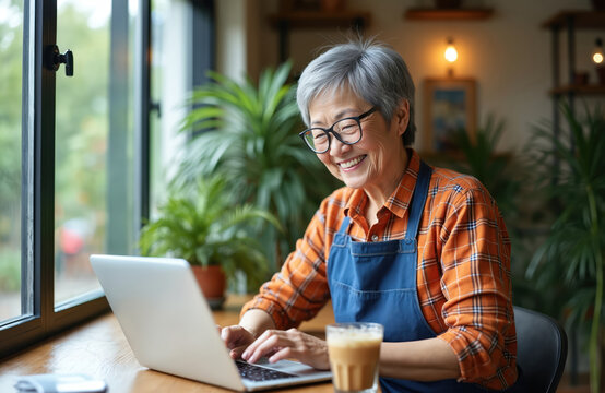 Smiling senior woman works with laptop in cafe. Businesswoman checks finances, sales reports. Lady owner calculates profit at table in coffee shop. Positive person enjoys remote work, morning coffee.