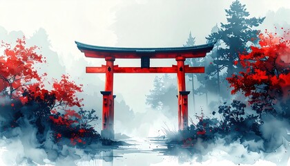 Red torii gate emerging from misty forest symbolizing peace, spirituality, and the harmonious balance between nature and human culture in Japan