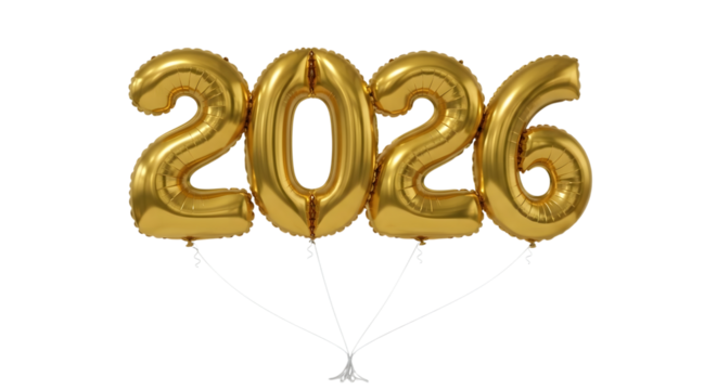 2026 golden symbol, 3d-illustration for happy new year on transparent background, Png