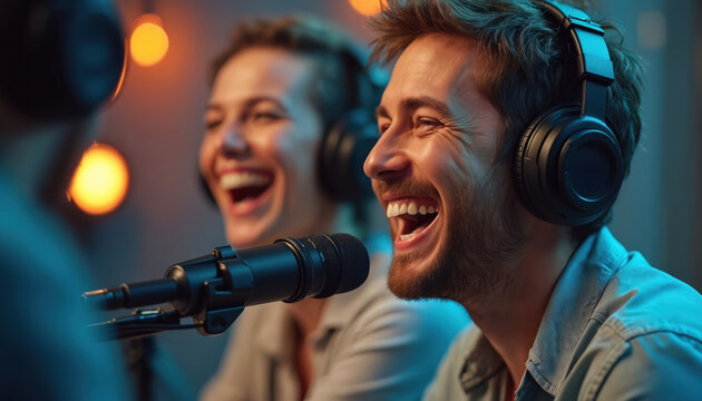 Young man, woman laugh out loud, recording lively podcast in modern studio setting. Wear headphones, speak into professional microphones, capturing clear sound. Friends host audio show, sharing