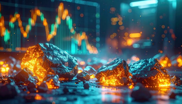 Hot glowing rocks in futuristic laboratory environment representing energy transition, industrial technology, and financial analytics connecting raw materials to innovation and digital economy