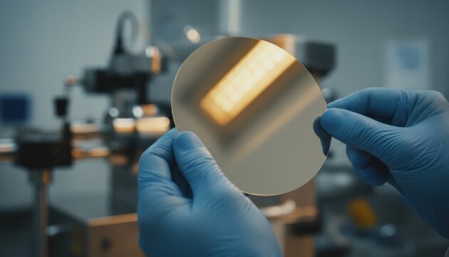 Gloved hands holding a silicon wafer in a laboratory environment symbolize high technology, innovation, and precision engineering in modern semiconductor or chip manufacturing