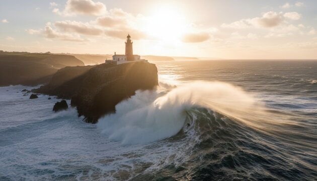 Powerful wave crashing against a lighthouse at sunset symbolizes resilience, strength, and endurance, ideal for motivation, inspiration, or travel and coastal destination themes