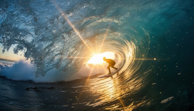 Surfer riding a golden wave at sunrise inside a perfect barrel represents freedom, passion, and adventure, ideal for lifestyle, travel, and motivation concepts - Powered by Adobe