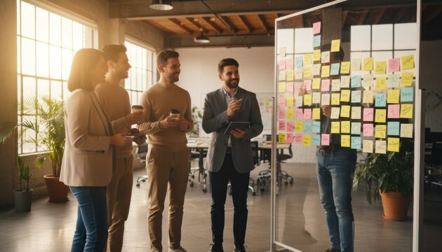Team brainstorming with colorful sticky notes in modern office under morning light symbolizes creativity, collaboration, and startup innovation culture in business environments