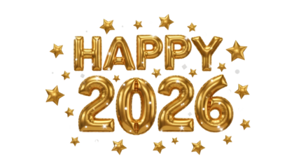 Shiny gold number spelling 2026, Happy new year isolated on transparent background