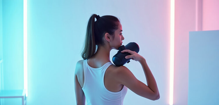 Young woman uses percussion massager on shoulder. Wears white tank top, stands in modern studio with blue, pink neon lights. Female gets muscle therapy for recovery, pain relief. Athlete performs