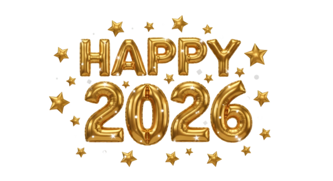 Shiny gold number spelling 2026, Happy new year isolated on transparent background