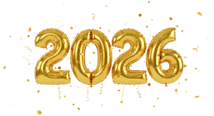 Shiny gold number spelling 2026, Happy new year isolated on transparent background