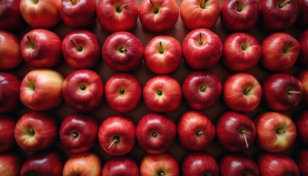 Red apples seamless background. Top view shows vibrant fresh fruit evenly spaced. Apples are ripe juicy and create pattern. Concept for health food themes. Apple texture surface.
