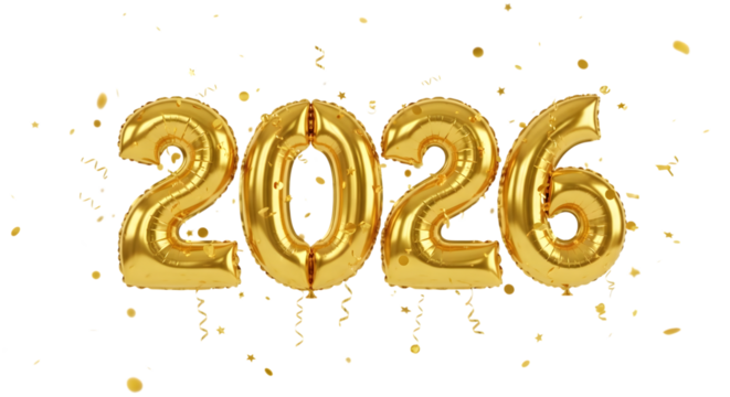 Shiny gold number spelling 2026, Happy new year isolated on transparent background