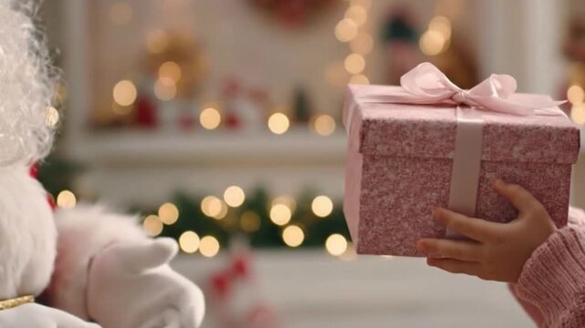 A festive figure in a traditional red and white winter costume, wearing white gloves and featuring a fluffy white beard, extends a beautifully wrapped pink gift box tied with a soft pink ribbon toward